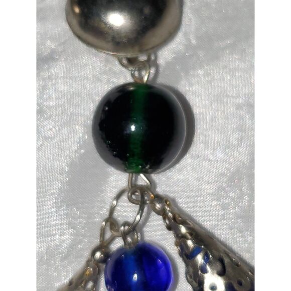 A Pair of Vintage Cobalt Blue Glass Dangle Drop Clip On Earrings Boho - Picture 6 of 12